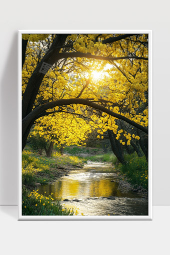 阳光洒落黄花树下静谧溪流春日美景