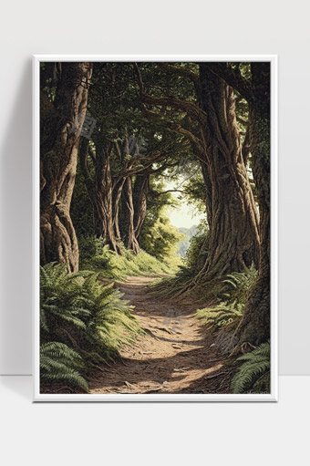 幽静古树林中阳光洒落的蜿蜒小径风景