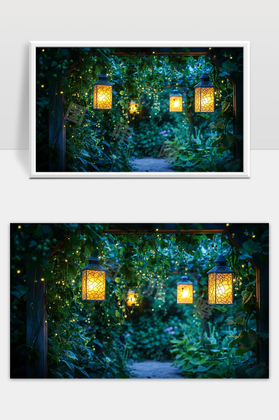 夜晚花园中璀璨灯笼照亮幽静小径