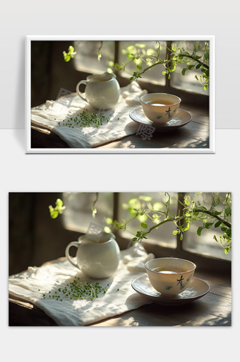 阳光洒落下的茶杯与白瓷壶静谧午后茶时光