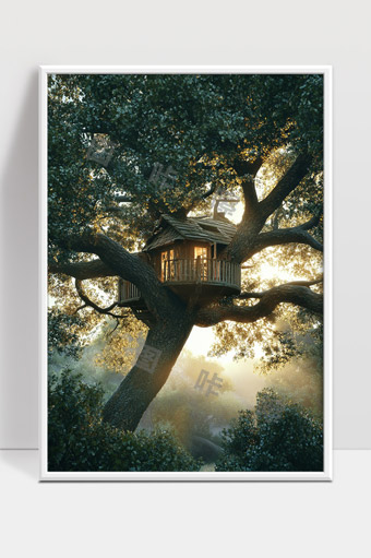 阳光照耀下古树上的温馨树屋宁静自然风光