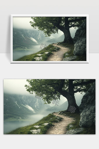 幽静山间小径古树环绕云雾缭绕自然风光美景