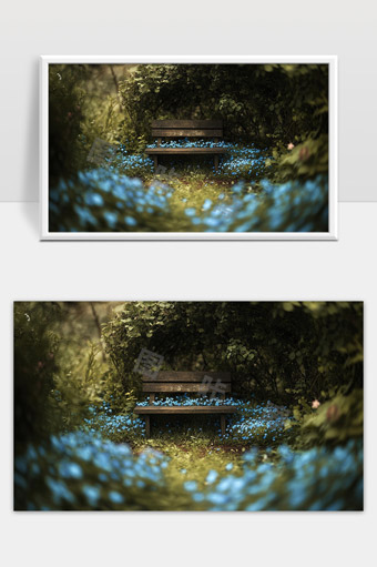 幽静森林中的蓝色花海与木质长椅梦幻景象