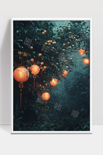 夜晚果园中的传统中式灯笼照亮静谧小径