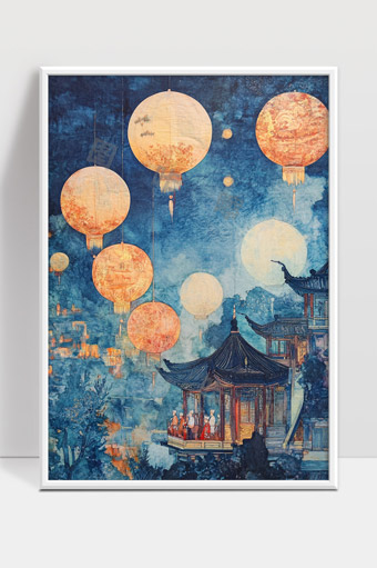 古风夜晚中秋灯笼映照下的传统建筑与人群