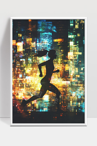 都市夜景中奔跑的女性运动剪影活力展现