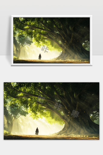 光影交错古树下的孤独行者晨曦之中