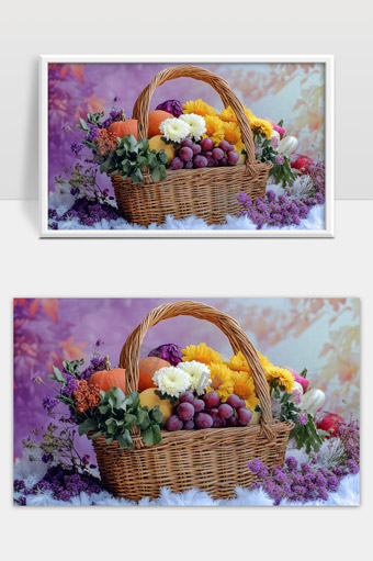 丰收季节自然风格水果花卉编织篮装饰