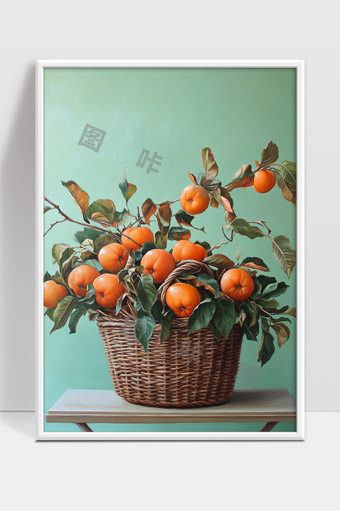 篮中丰收柿子枝叶青绿秋天果实展示