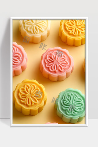 精美四色冰皮月饼艺术造型中秋传统美食展示