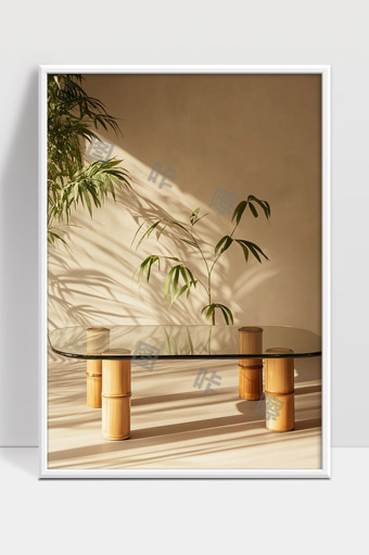 阳光洒落下的竹制玻璃桌和室内绿植静谧氛围