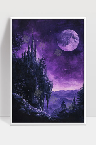 紫色梦幻月夜下的神秘古堡与森林景象