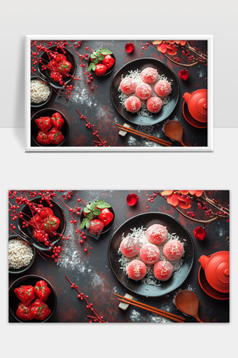 红色喜庆传统甜点汤圆和节日装饰美食摆盘