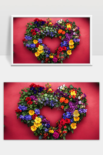 多彩鲜花组成的心形花环温馨浪漫背景
