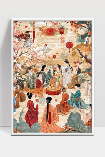 盛世华服古风女子中秋赏月团圆庆典图