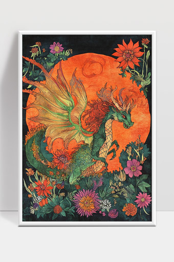 神秘花海中翱翔的东方龙与夕阳