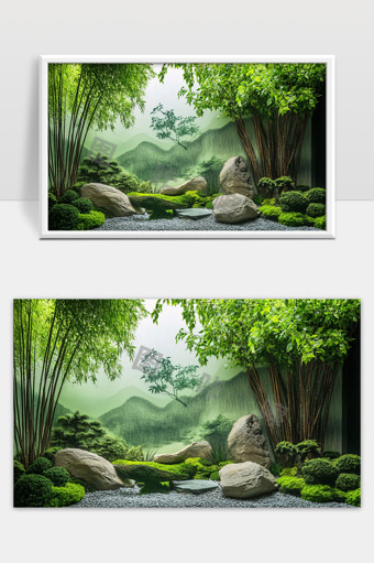 静谧禅意竹林石景园林庭院绿意盎然的自然空间