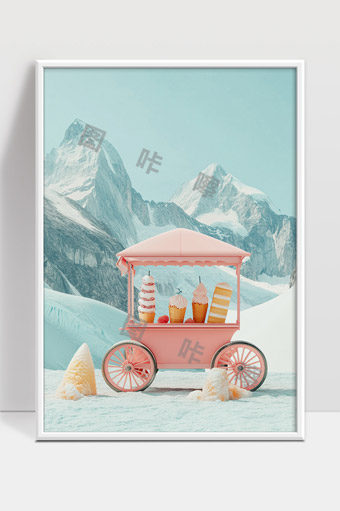 雪山下梦幻粉色冰淇淋车甜品夏日景象