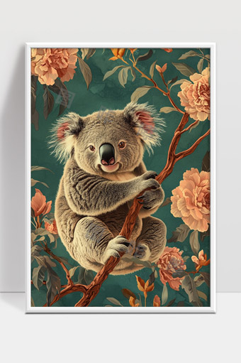 可爱考拉抱树枝静谧花丛自然生态画面