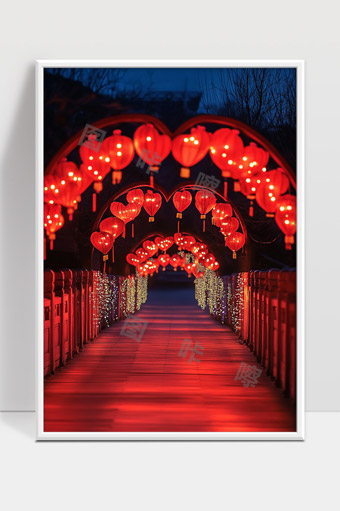夜晚古桥红灯笼点缀温馨节日氛围