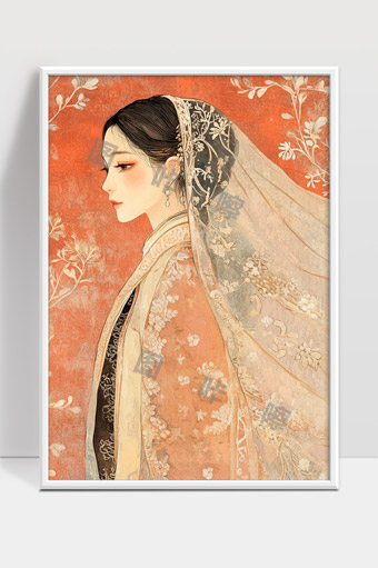 古风女子侧颜淡雅刺绣长纱华服之美