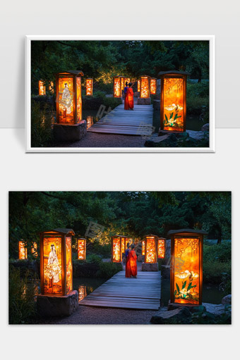 夜晚古风灯笼点亮园林桥上女子漫步景致