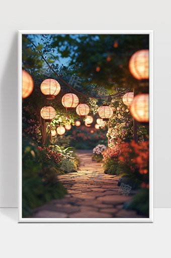 夜晚花园中温馨灯笼点亮幽静石径美丽景致