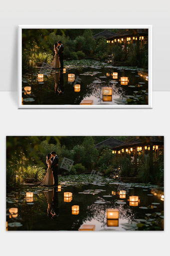 夜晚湖畔浪漫情侣浅水灯光唯美婚纱照场景