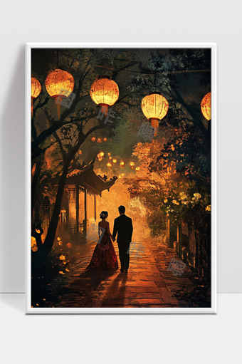 古风夜晚花园中灯笼照亮情侣漫步的浪漫景象