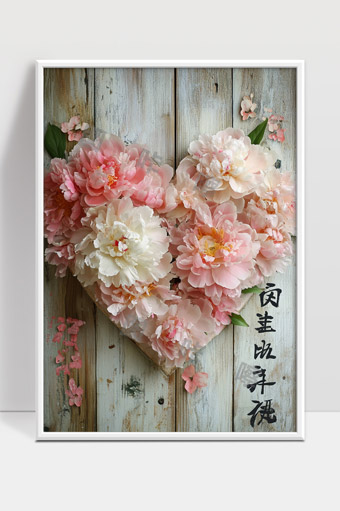 浪漫粉色牡丹花心形木板背景唯美花艺装饰