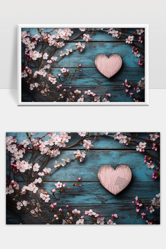 春天花开心形木板温馨浪漫背景