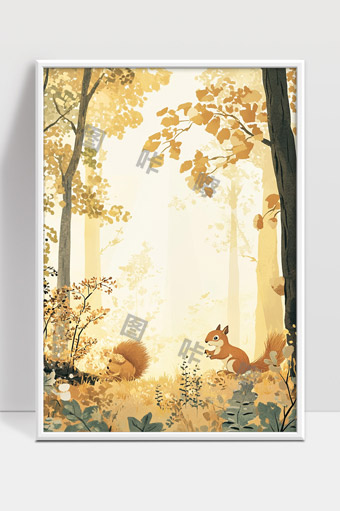 秋日森林中两只松鼠温馨互动的自然景象