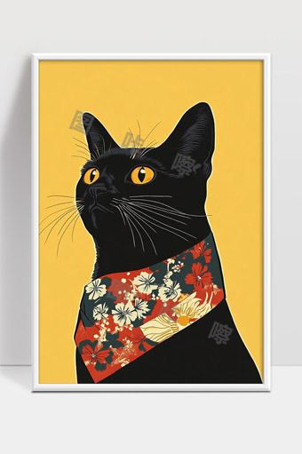 黑猫戴花纹围巾目光坚定艺术插画