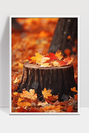 秋天落叶铺满树桩温暖自然风景画面