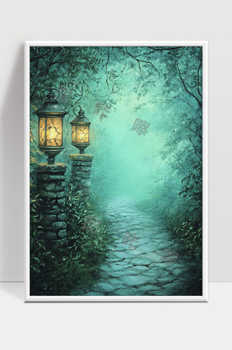 幽静森林小径古老灯笼照亮神秘夜晚