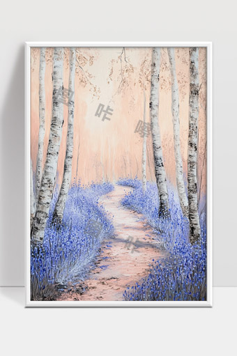 宁静白桦林中蓝色花海小径唯美风景画