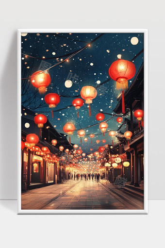 夜色中红灯笼点亮古街温馨祥和的节日气氛