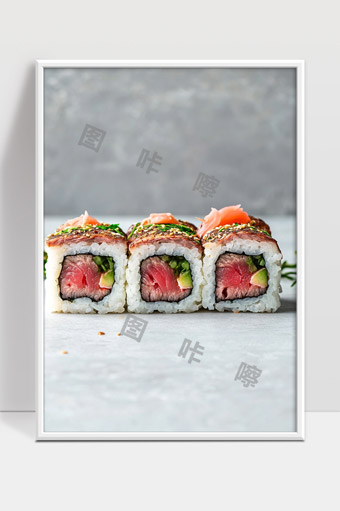 三双色夹心寿司精致美食特写诱人盛宴