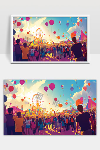 盛大夏日嘉年华人群热闹欢庆气球飘扬欢乐时光