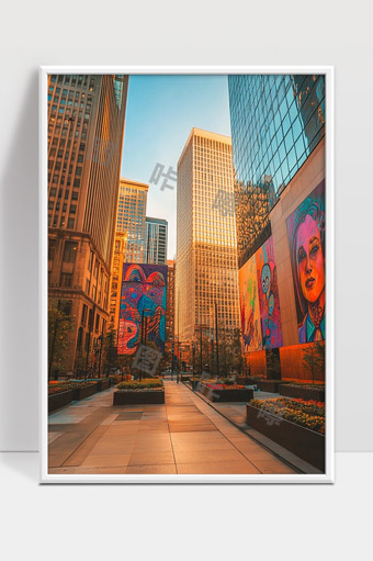 都市街道艺术涂鸦与高楼建筑的融合景观