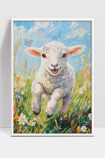阳光草地上快乐跳跃的小羊油画艺术作品