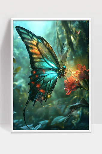 光影下绚丽蓝蝶翩翩花间舞动神秘森林美景