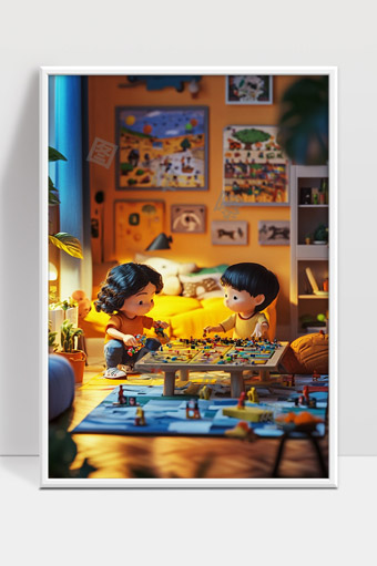 温馨儿童房内两个小孩快乐拼搭玩具积木