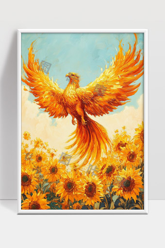 凤凰展翅高飞于向日葵盛开的灿烂田野