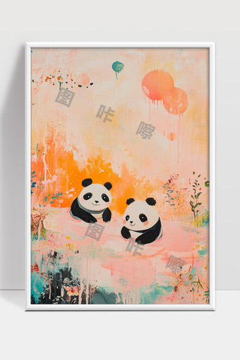 梦幻森林中两只可爱大熊猫嬉戏场景