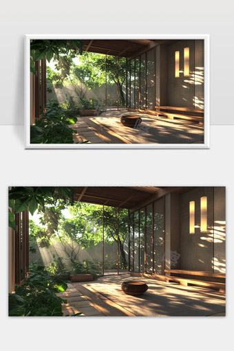 阳光洒入日式庭院静谧禅意休闲空间