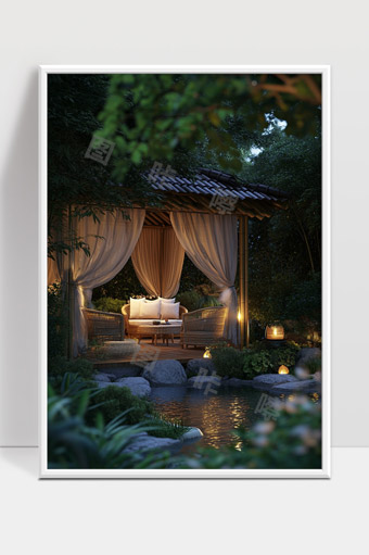 夜晚花园中的温馨凉亭和静谧水池景致