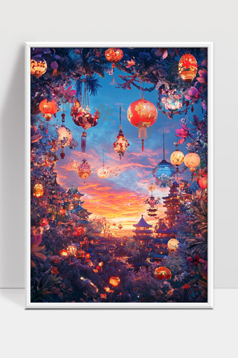 梦幻中秋灯笼装饰盛景晚霞映照古风建筑