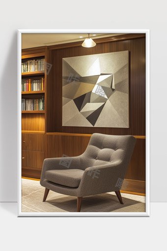 现代简约风格客厅灰色几何装饰画与舒适单人沙发
