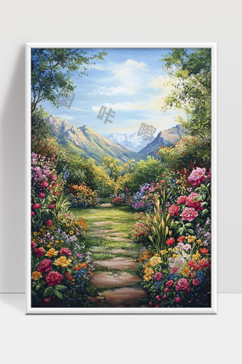 山间花园小径春日绚丽鲜花盛开美景